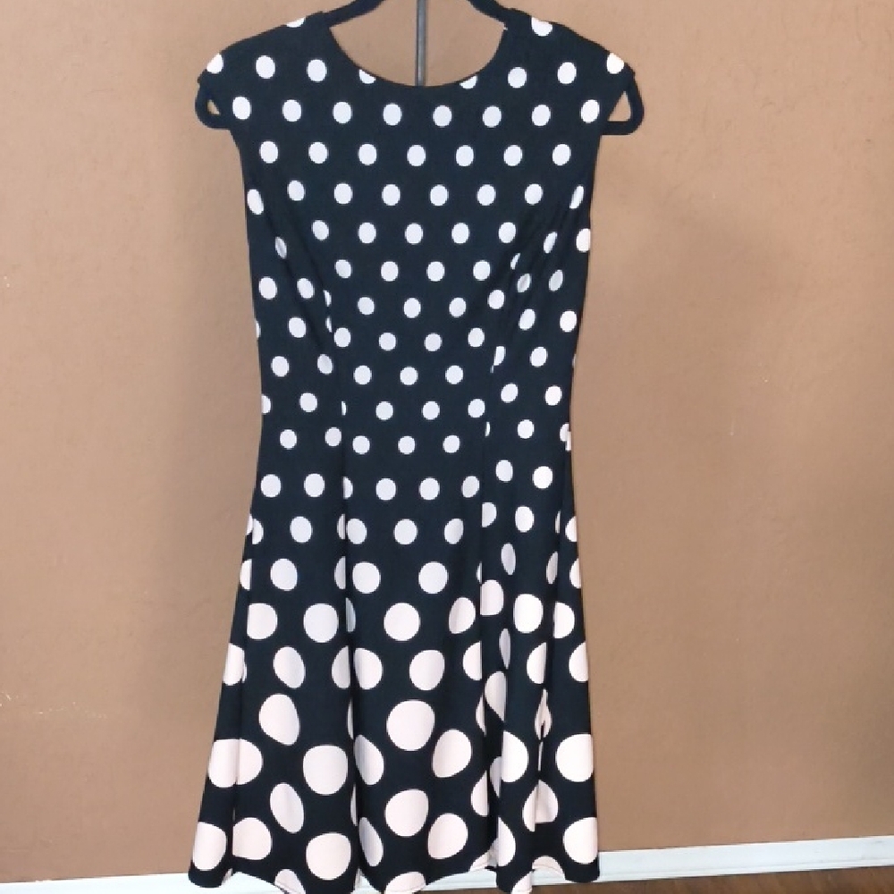 London Times Black and Pale Pink Polka Dot Midi Fit & Flare Dress Size 6
